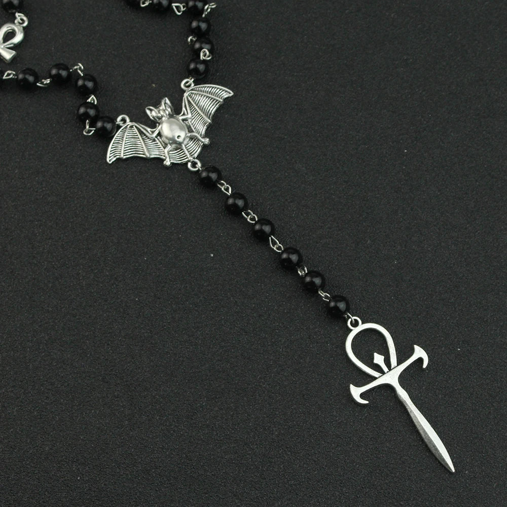 Gothic Bat Cross Rosary Necklace for Women Fashion Mystery Witch Jewelry Accessories Gift Silver Color Bat Charm Vampire Choker
