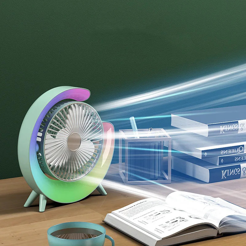 Portable fan, desktop spray, intelligent adjustable, silent, cool air lamp, indoor table fan with seven-color lights