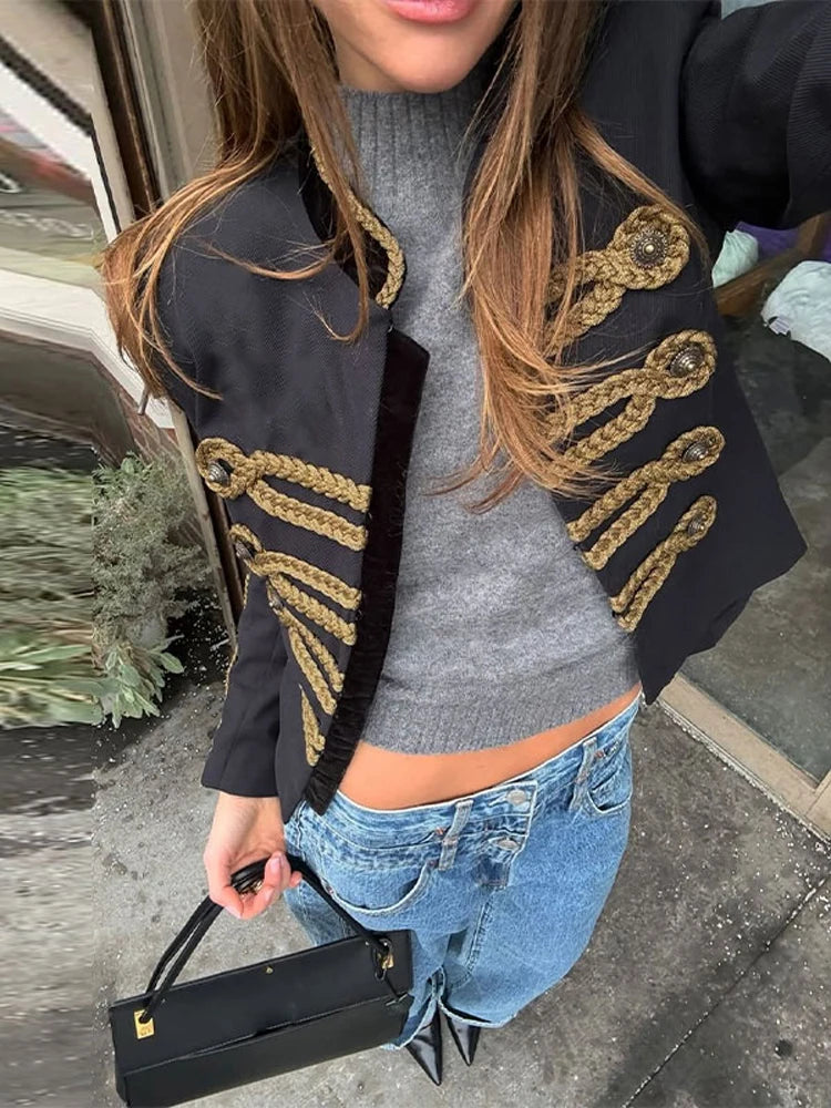 Fashion Chic Napoleon Cropped Jacket Women O-neck Long Sleeve Black Short Coats 2026 Spring Elegant Lady Commute Outerwear
