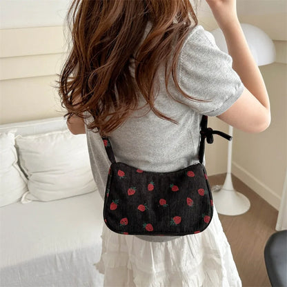 New Large Capacity Corduroy Tote Bag Women Girl Y2k Strawberry Shoulder Bag Sweet Trendy Zipper Underarm Bag Crossbody Bag