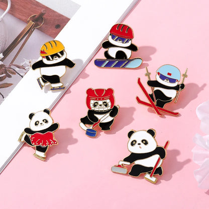 6 Styles Funny Winter Sports Panda Design Enamel Brooches Cartoon Animal Playing Skiing Fancy Speed Skating Curling Golden Pins