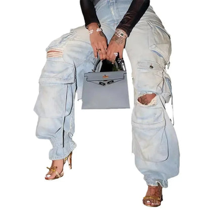 Washed Cargo Pants Women Hole Distressed Jeans Vintage Pockets Mid Waist Trousers 2024 Autumn Female Casual Denims Streetwear