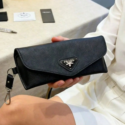 Prada Black Leather Eyeglass Case Luxury Triangle Metal Logo Eyewear Storage Pouch With Detachable Keychain Soft Glasses Protect