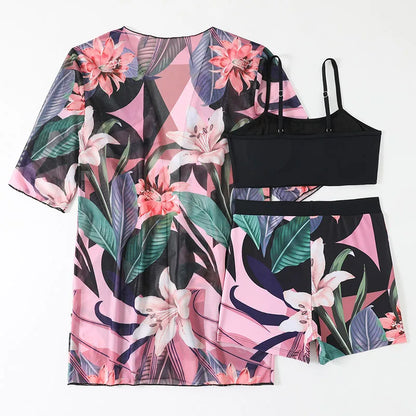 2025 New Floral Print Three Pieces Bikini Set Cover Up Women Swimsuit Print Swimwear Biquini Bathing Suit Summer
