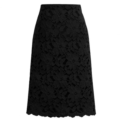 Hollow Out Lace Skirts For Women Elegant High Waist Office Lady Knee Length Skirt Casual Loose Skirt Solid Color Lace Skirt