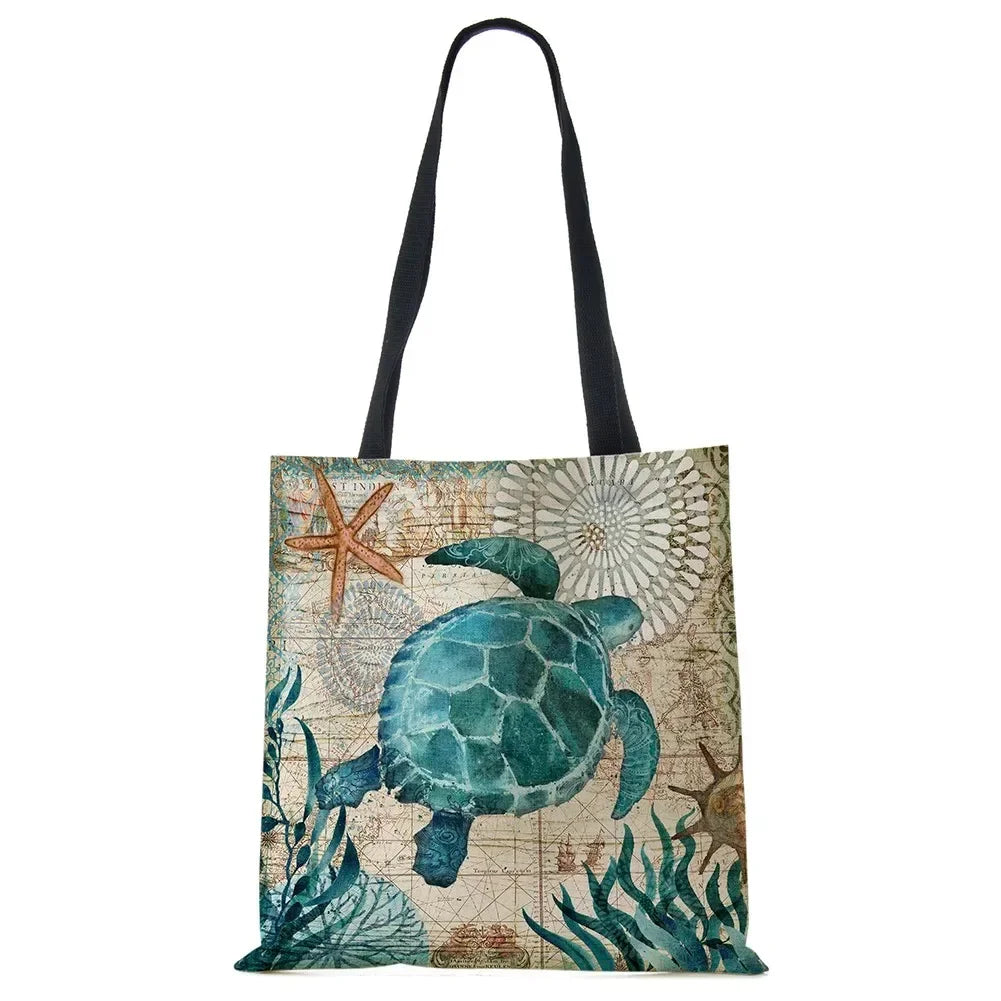 Large Capacity Tote Bag Turtle Print Traveling Shoulder Bags Eco Linen Shopping Bags For Women With Print