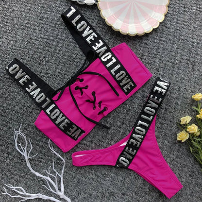 Sexy Red Bikini Set 2025 New Women Letter lace up Bandage Low Waist Swimwear Padded Push Up Swimsuit Beach Bathing Suit Swimming