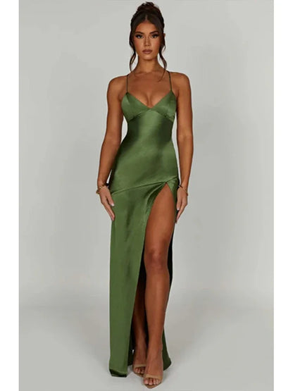 Bandage Backless Elegant Dress Split Hem Spaghetti Strap Slim Cocktail Party Club Fashion Satin Solid Lace-Up Long Dresses