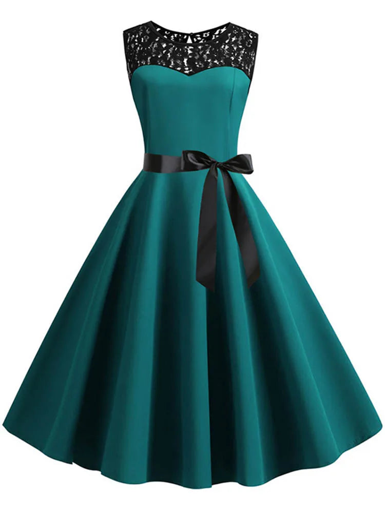 Lace Patchwork Floral Print Women Summer Dress Hepburn 50s 60s Elegant Vintage Dress Office Ladies A-Line Party Dresses Belt