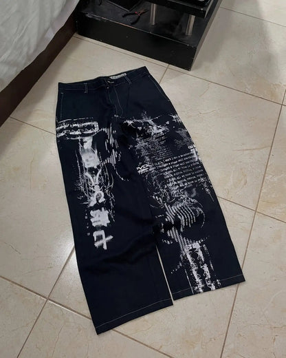 New Cyberpunk Jeans Mens American Y2K Red Graphic Street Goth Baggy Wide-Leg Pants Harajuku Hip-Hop Straight Pants
