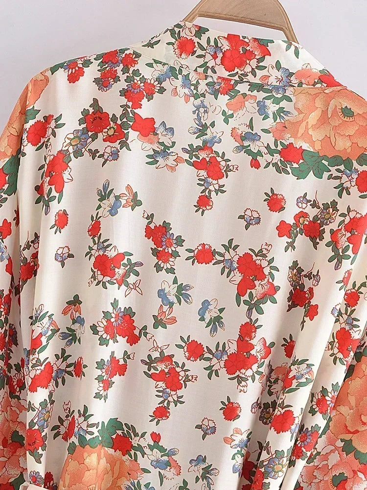 Multi Floral Print Rayon Bohemian Kimono wedding robe Women Batwing Sleeves Happie Short Robe Boho  Bridesmaid Cover-ups
