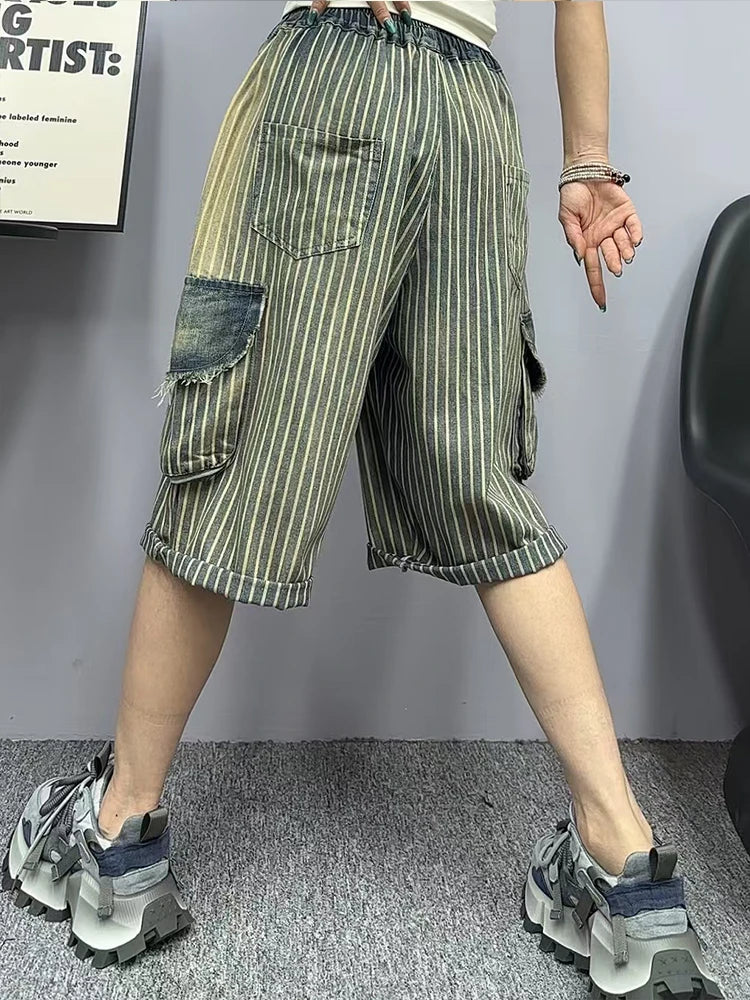 Amax luluE Summer Womens Fashion Striped Denim Pants Females Loose Leisure Elastic Waist Jeans Classic Vintage Luxury Trousers