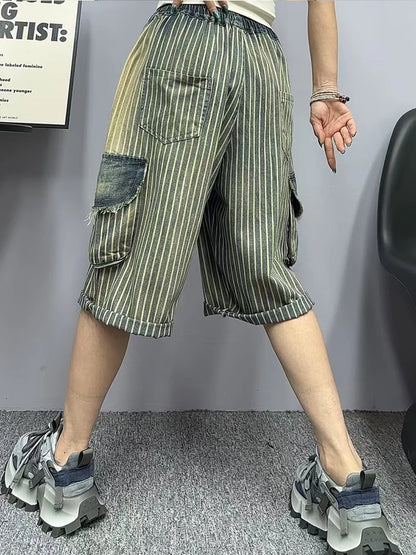 Amax luluE Summer Womens Fashion Striped Denim Pants Females Loose Leisure Elastic Waist Jeans Classic Vintage Luxury Trousers
