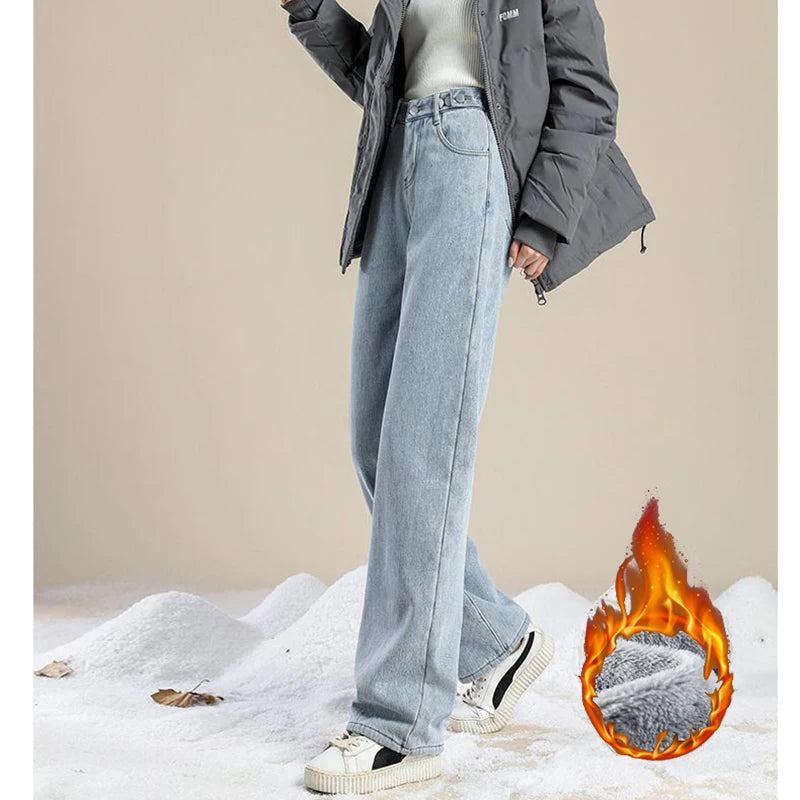 Winter Lady Solid Plush Thermal High Waist Jeans Girls Snow Warm Fleece Denim Pants Women Baggy Straight Leg Casual Trousers