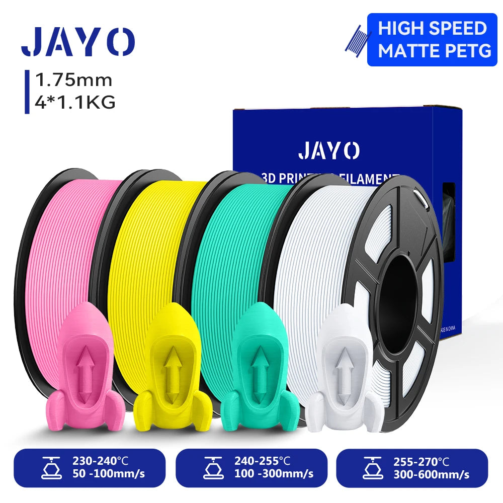 JAYO 4Rolls 3D High Speed Matte PETG 3D Filament 1.75mm 30mm/s - 600mm/s Print Range High Flow Speedy PETG 3D Printer Filament