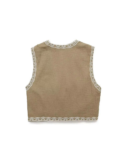 TELLHONEY Women Fashion V-Neck Embroidery Waistcoat Vest Tops Female Casual Vintage Sleeveless Outerwear Jacket