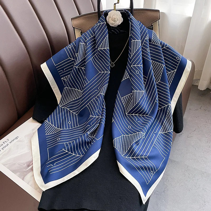 Twill Silk Scarf Women 90cm Square Hijab Shawls And Wraps Female Foulard Headkerchief Elegant Floral Summer Autumn Lady Bandana