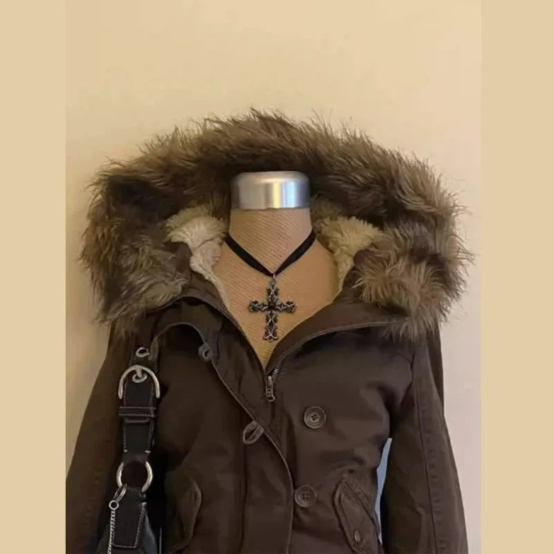 Vintage Popular New Fashion Fur Collar Jacket Female Street Hip Hop Casual Joker Loose Padded Velvet Cotton-padded Jacket Coats