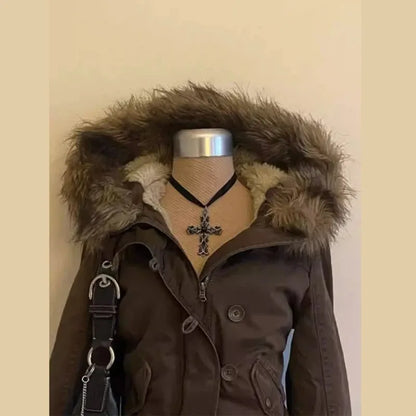 Vintage Popular New Fashion Fur Collar Jacket Female Street Hip Hop Casual Joker Loose Padded Velvet Cotton-padded Jacket Coats