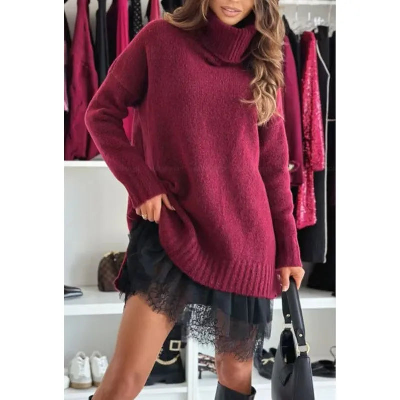 New Fashion Women's 2-piece Set  Autumn Winter Knitted Sweater+Lace Dress Loose Long Sleeve Solid color Turtleneck Pullover Top