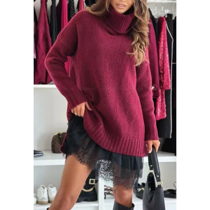 New Fashion Women's 2-piece Set  Autumn Winter Knitted Sweater+Lace Dress Loose Long Sleeve Solid color Turtleneck Pullover Top