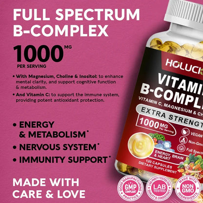 Vitamin B Complex Supplement - (B1, B2, B3, B5, B6, B7, B8, B9, B12 Folic Acid&Biotin) with Vitamin C, Inositol - Energy Healthy