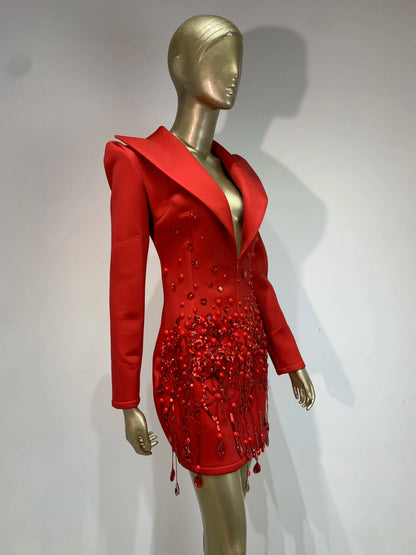 Sparkly Crystal Pearls Long sleeves Mini Dress Red Fashion Luxury Birthday Evening Party Nightclub Outfit Singer Stage Costume ﻿