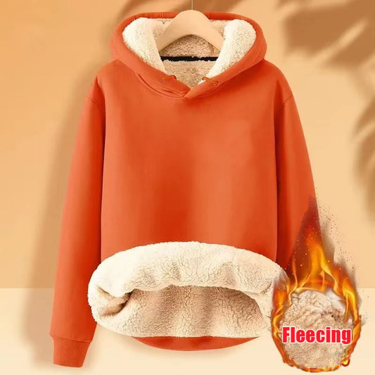 Fleece Sweatshirt Thickened Lamb Plush Hooded Pullover Casual Solid Sports Simple Top Long Sleeve Women Clothes Spring Loose New