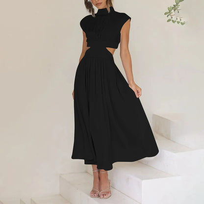 Women's Solid Color Basic Fashion High Waist Hollow Out Sexy Casual Streetwear High Neck Sleeveless Pocket Open Waist Maxi Dress
