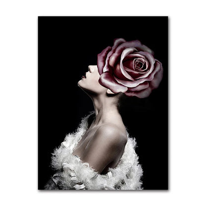 Decorative Painting Living Room Home Decoration Flowers Feathers Woman Abstract Canvas Painting Wall Art Print Poster Picture