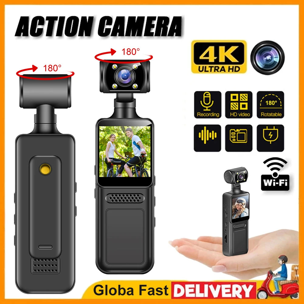 2025 New Action Camera 4K HD 180 ° Rotating Mini Portable Camera Mini Sports Wearable Camera Infrared Night Vision Sports DV