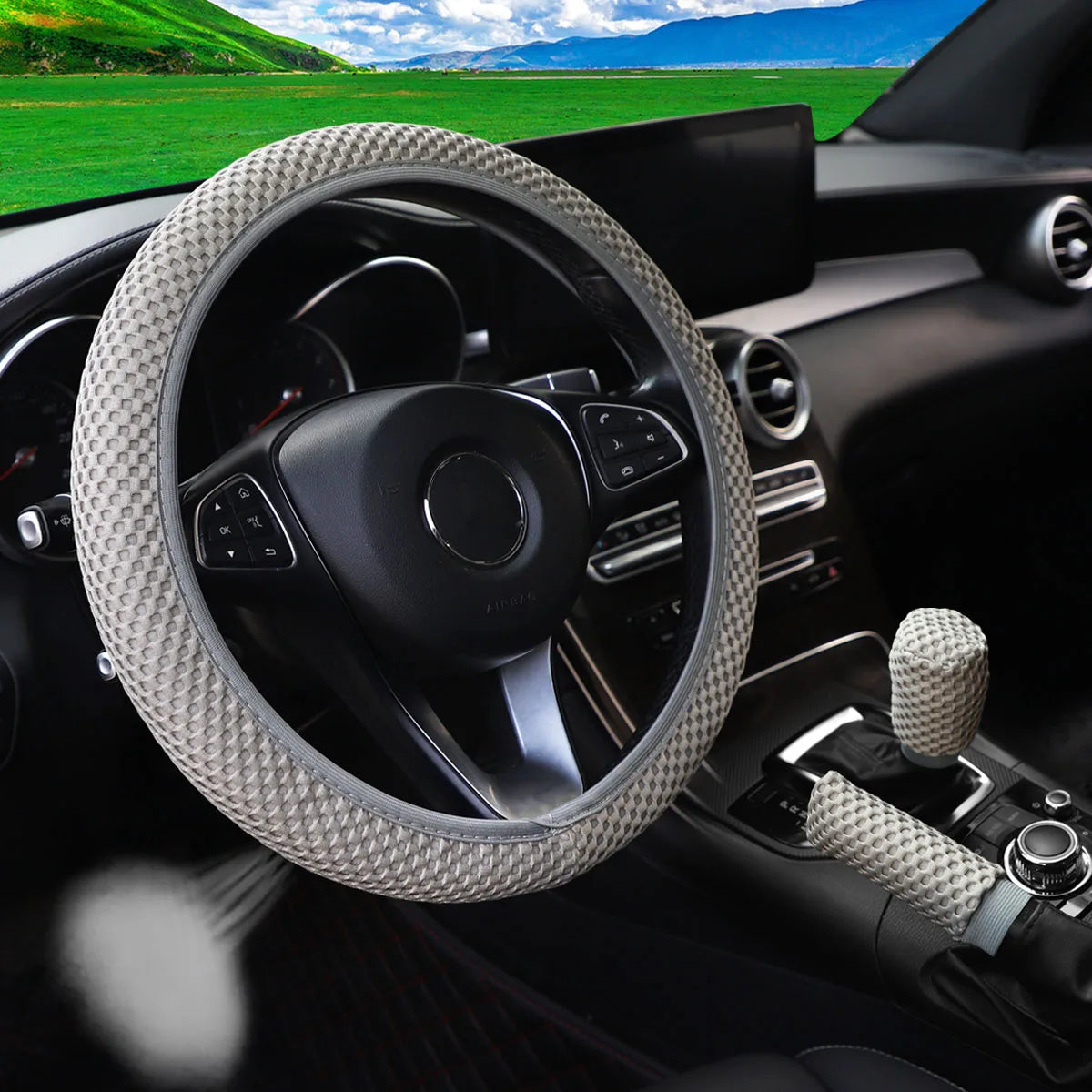 Three-piece three-dimensional breathable massage net car non-slip steering wheel cover, handbrake cover, gearshift cover