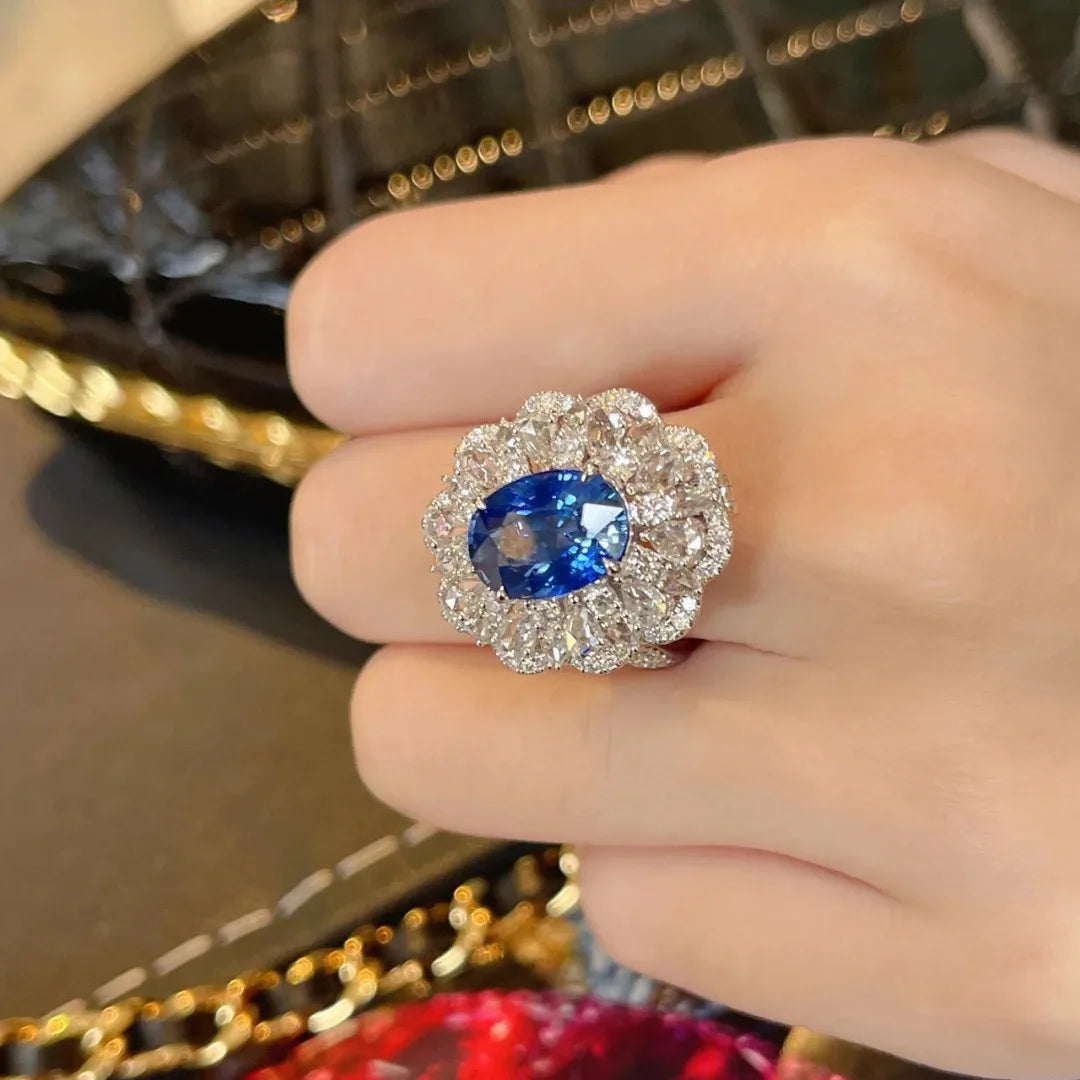 New In silver 925 Full Diamond Luxury Sapphire Ring Necklace Exquisite Engagement Sparkling Blue Flower fine jewelry sets