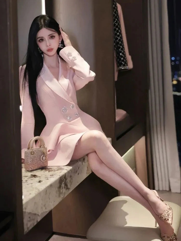Pink Mini Suit Dress Women Elegant Fashion Button Light Luxury Aesthetic Dresses Autumn Long Sleeve French Office Lady Vestidos