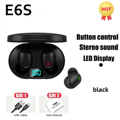 E6S TWS Wireless Bluetooth Earphones Digital Display Noise Cancelling Earbuds with Mic HiFi Stereo Sound Headset for Smartphones