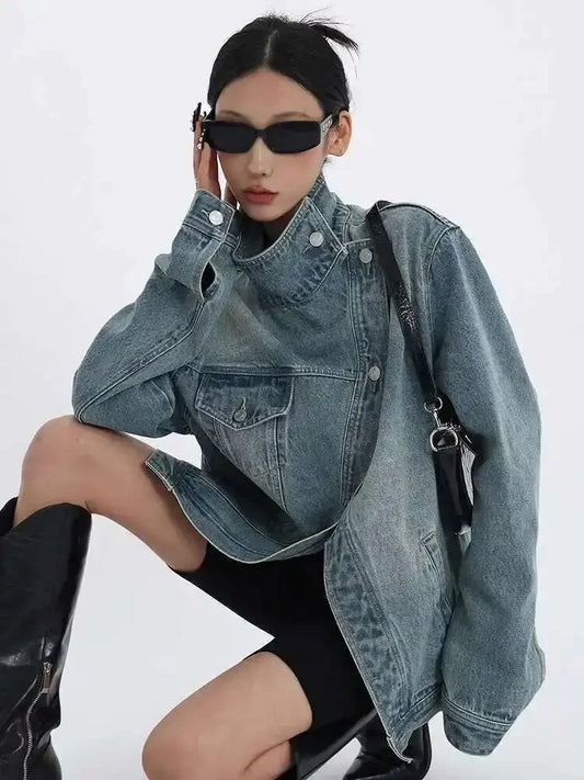2025Fashion lapel denim jacket asymmetrical design  women's denim coat loose casual streetwear  outerwear  female coat