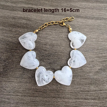 Big Love Heart Necklace Women Choker Statement Bracelet Gold Color Acrylic Beads Stainless Steel PVD Waterproof White Beige Red