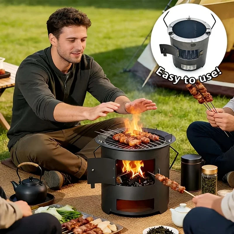 Portable Charcoal Grill Camping Stove with Ventilation Holes and Detachable Door for Outdoor Cooking Picnics