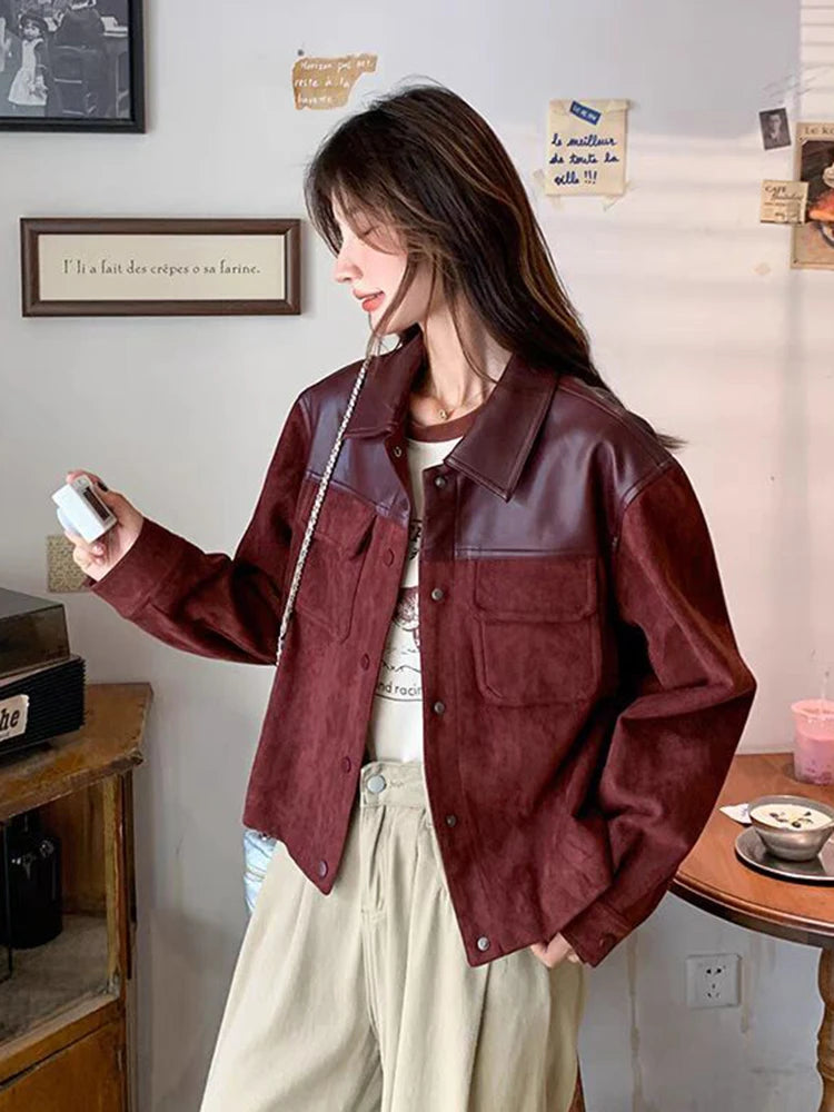Jmprs Retro Streetwear Jackets Women Pu Patchwork American Coat Fall Winter Long Sleeve Harajuku Vintage Bf Burgundy Casual Tops