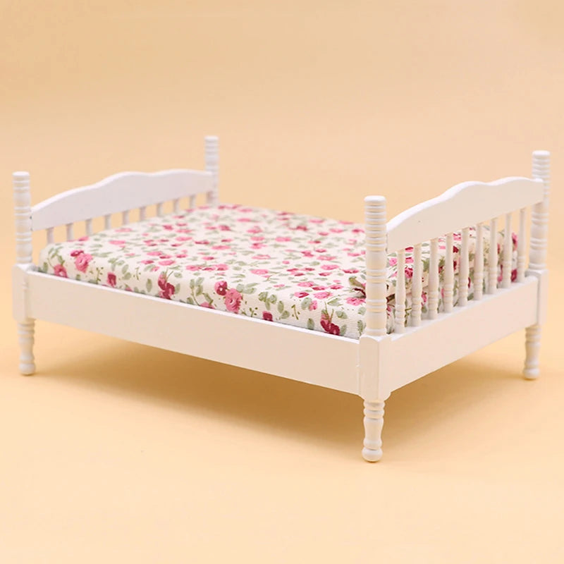 1:12 Dollhouse Miniature Double Bed Model European Bedroom Scene Furniture Accessories For Doll House Decor Kids Play Toys Gift