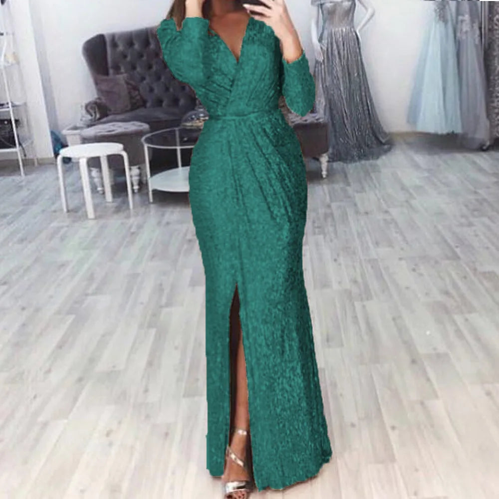 Women's Sequin High Slit Party Dresses Ruched Evening Glitter Dress Deep V Neck Long Sleeve Vestidos 2025 Autumn Female New Robe
