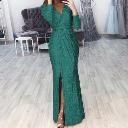 Women's Sequin High Slit Party Dresses Ruched Evening Glitter Dress Deep V Neck Long Sleeve Vestidos 2025 Autumn Female New Robe