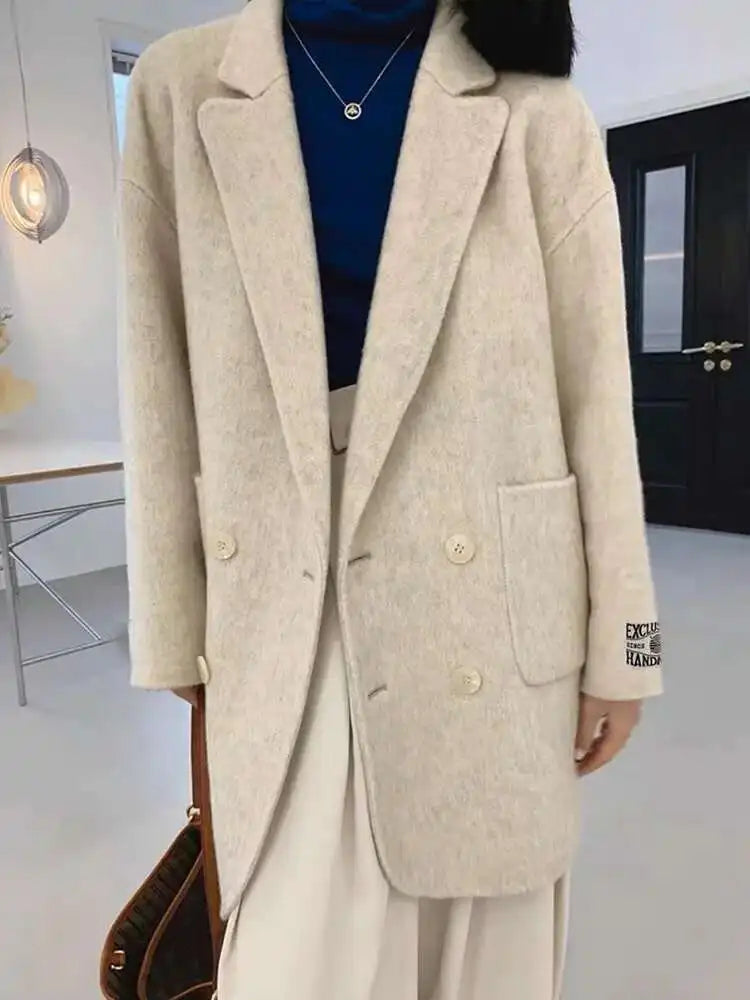 [EWQ] Korean Loose Long SleeveTurn-down Collar Solid Woolen Coats Women Double-faced Cashmere Coat Winter 2025 Autumn 16O1639