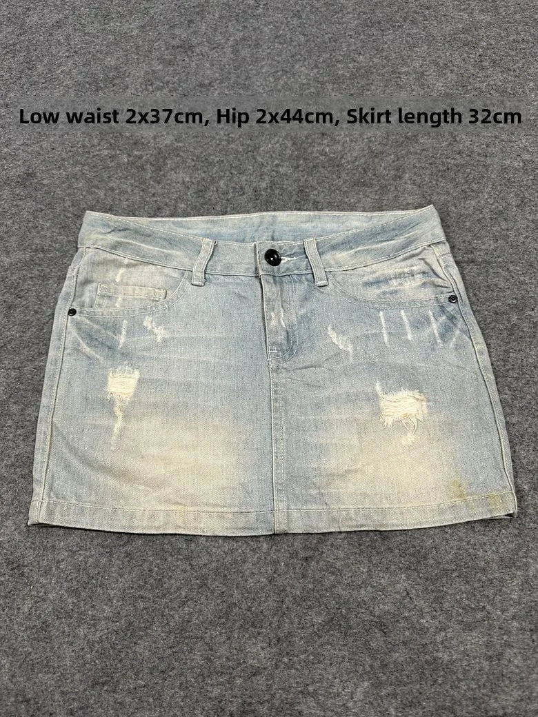 Sexy American Vintage Low Waist Denim  Skirt for Students Z4 Antiquing Y2K Trendy ort Skirt with Handmade Ripped And Fo...