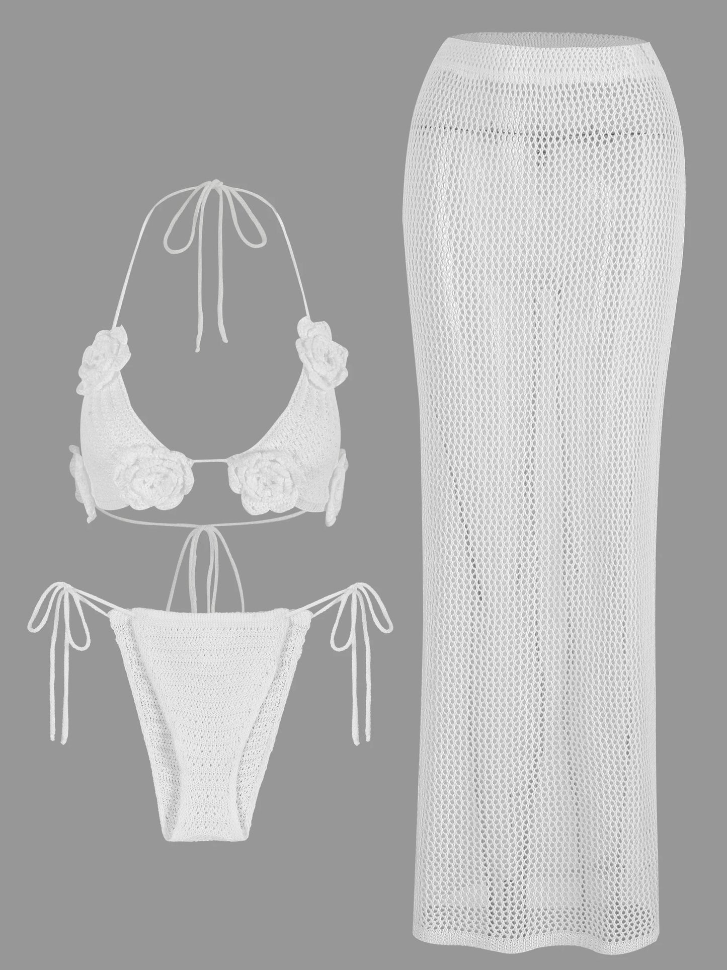 3 Piece Bikini Set 2025 Sexy Crochet Swimwear Floral Bathing Suit with Skirt Sheer Knit Beachwear Vacation Dresses Swimsuit K160