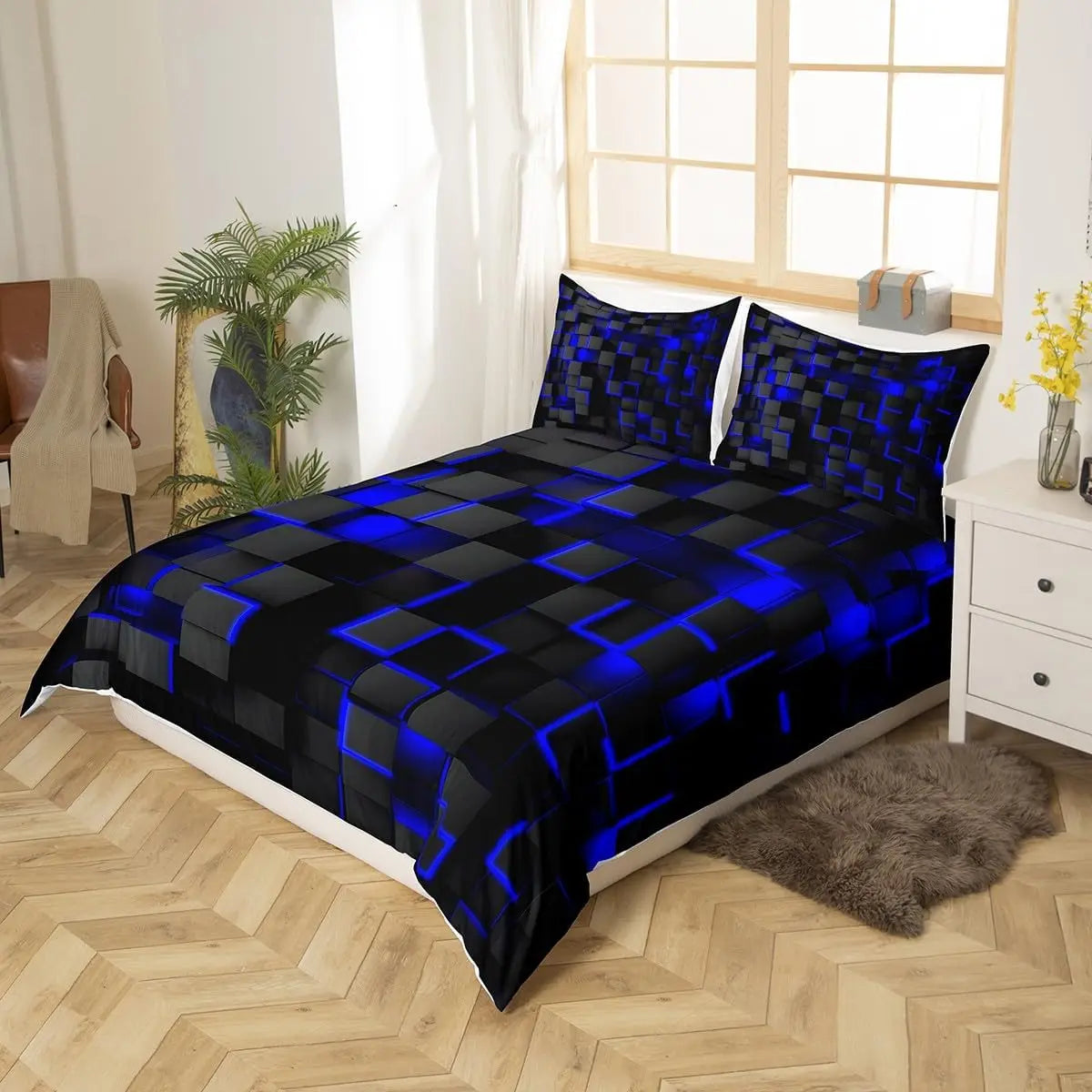 Blue and Black Bedding Duvet Cover Set Light Geometric Bedding Set for Kids Boys Girls Comforter Cover Set Bedspread Cover