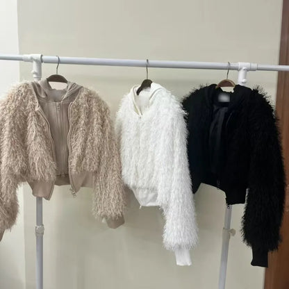 Women's Winter Thiened ort Coat Chic Loose Fit Furry Zipper Hooded Faionable Top Quali Leather Fur Stand Edition