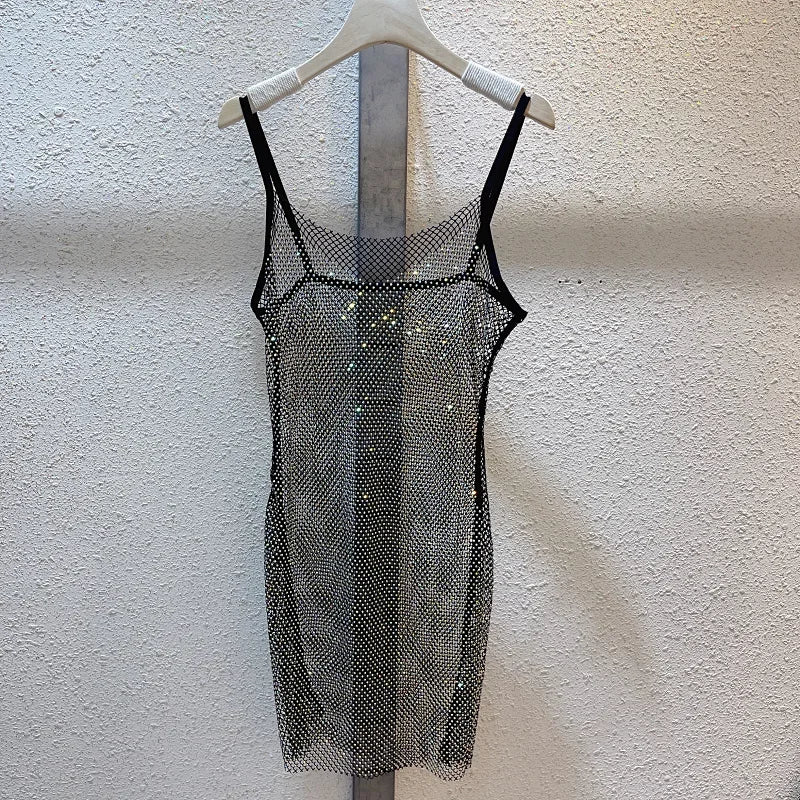 2024Spring and Summer Sparkling Bright Diamond Glitter Halter Dress Hollow Out See-through Celebrity Sexy Backless Halter Dress