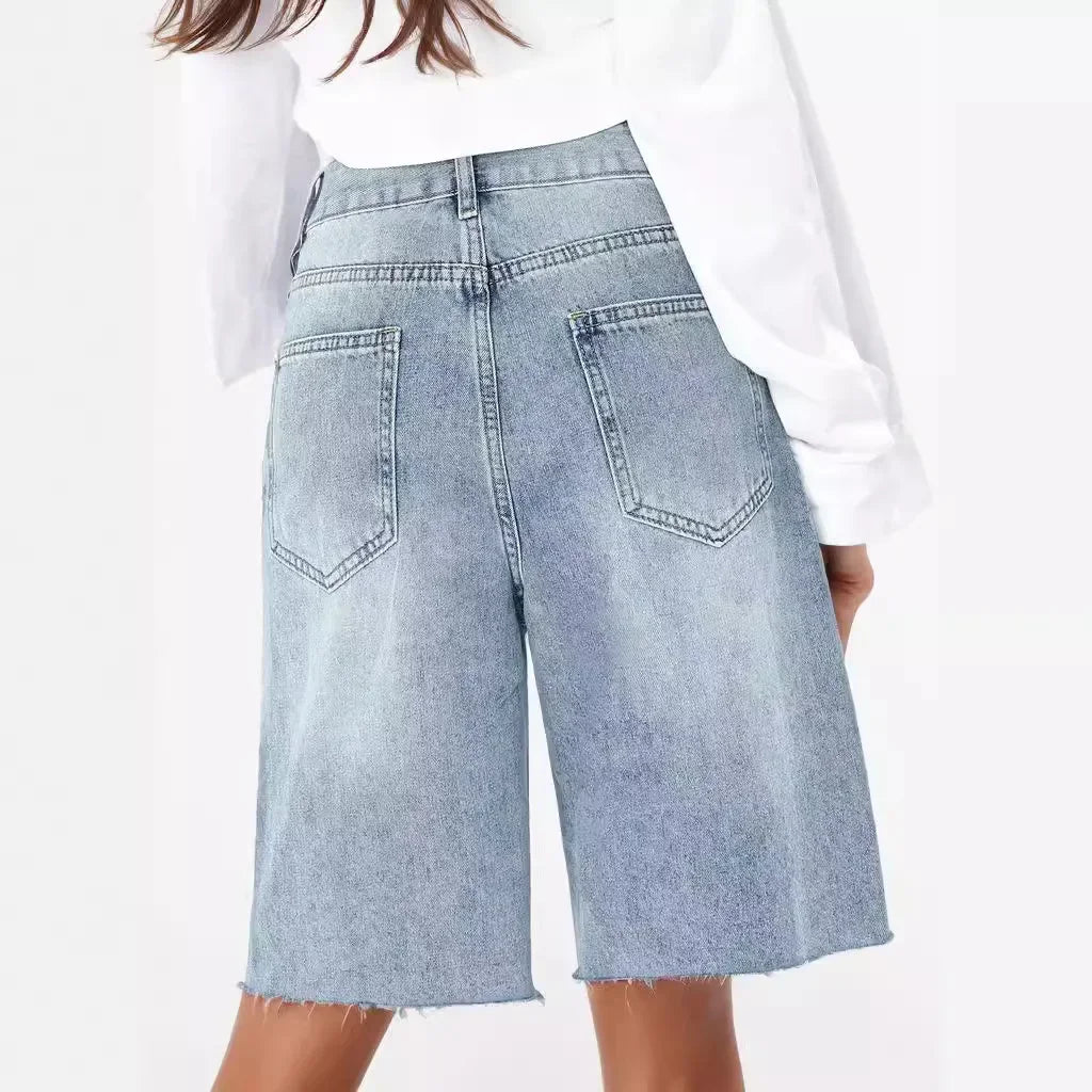 High Waist Retro Jeans Women's Bleached Ripped Loose Raw Hem Cropped Pants Knee Length Denim Shorts