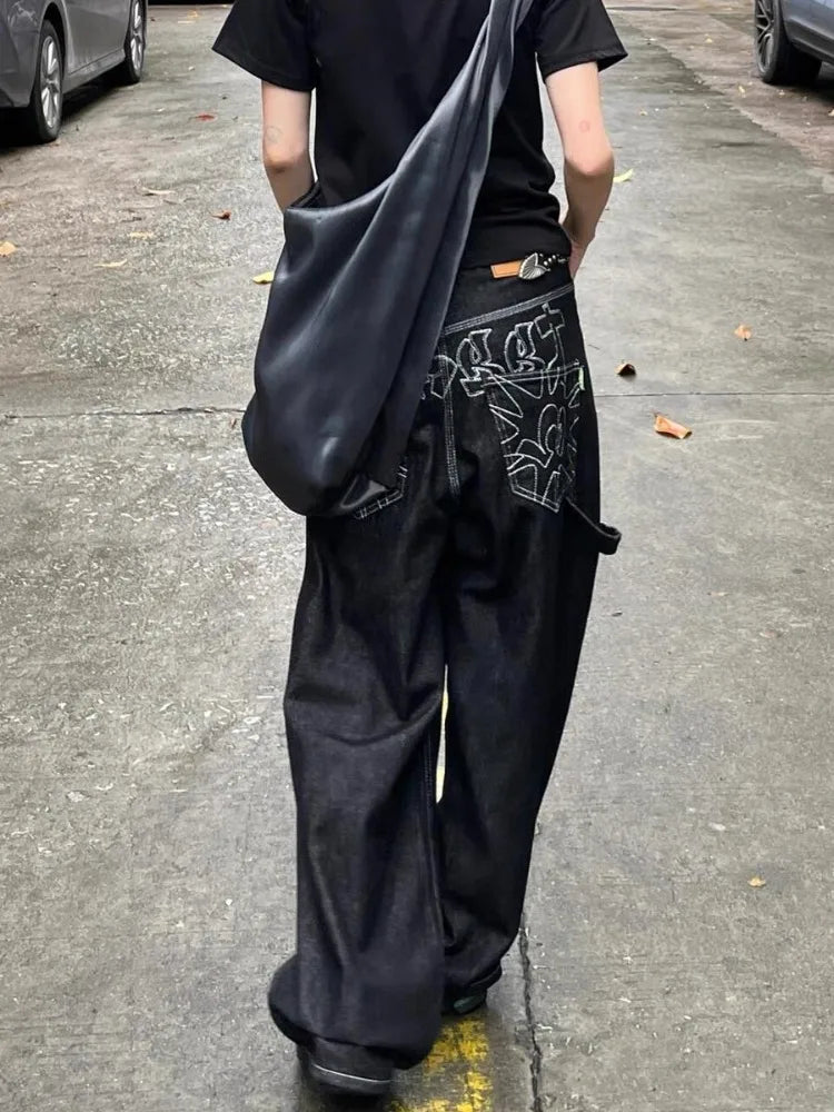 Gidyq Vintage Embroidery Jeans Women Y2K Black Oversized Streetwear Grunge Baggy Denim Trousers Boyfriend Jeans Hip Hop Gothic